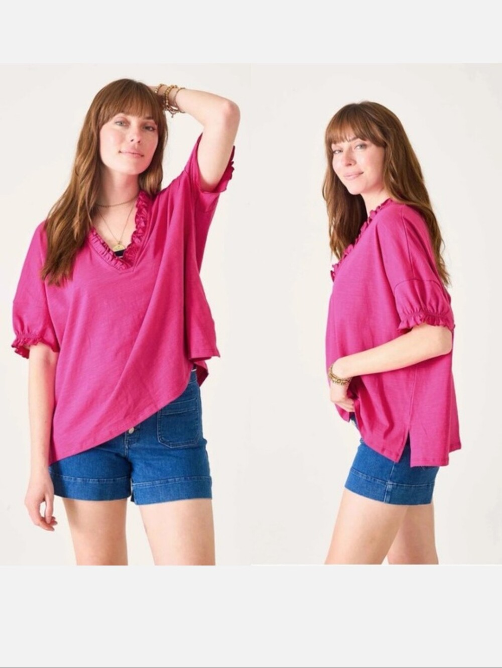 Mersea 100% Cotton Amelia Ruffle Oversized Tee One Size Magenta Coastal Beachy